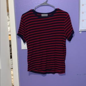 red and navy blue stripped shirt